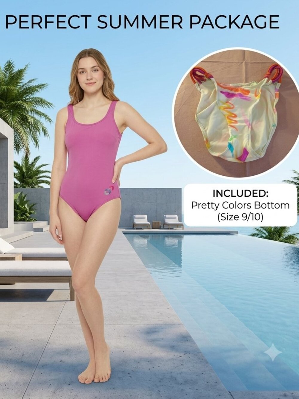 Set of 2 Swimwear Women M (1 Full Pc) Built-In-Bra + Bottom (9/10) Pretty Colors